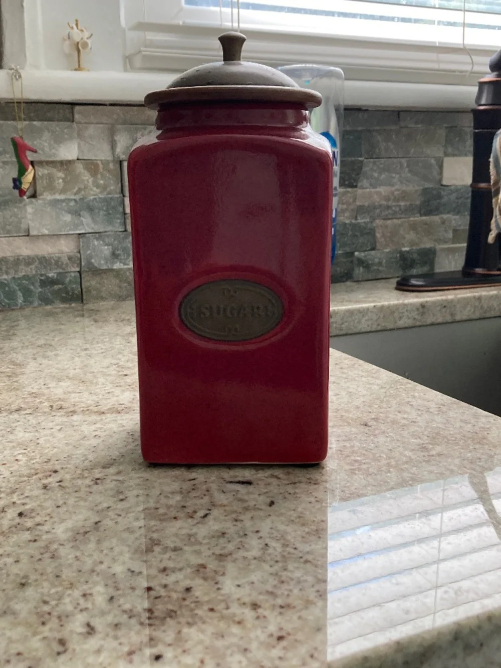 Pier 1 Imports Deep Red Sugar Canister w/ Brass Domed Lid trimmed w/ Wood